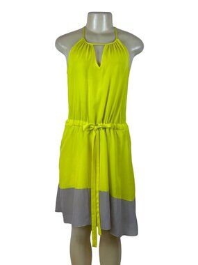 Bar III Women's Yellow Sleeveless Halter Dress W/ Tie Waist & Gray Hem Sz S